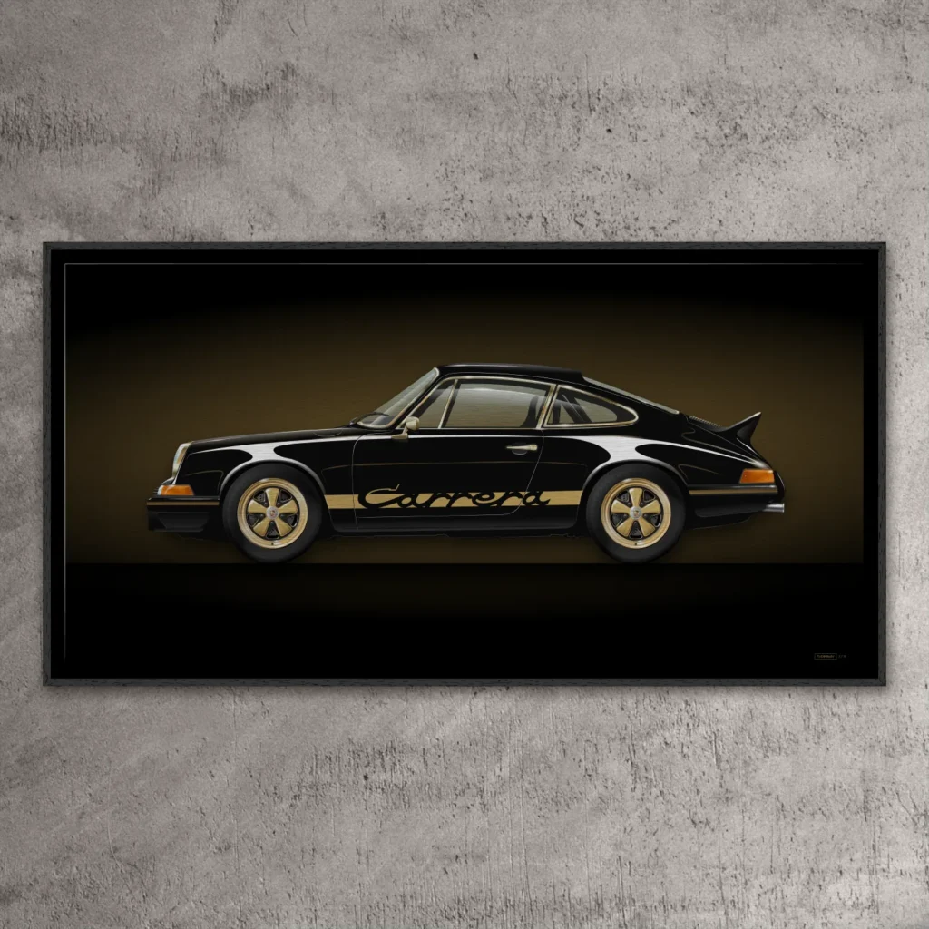 Porsche 911 RSR art print – Elegant black and gold Porsche 911 – limited edition collectible on aluminium