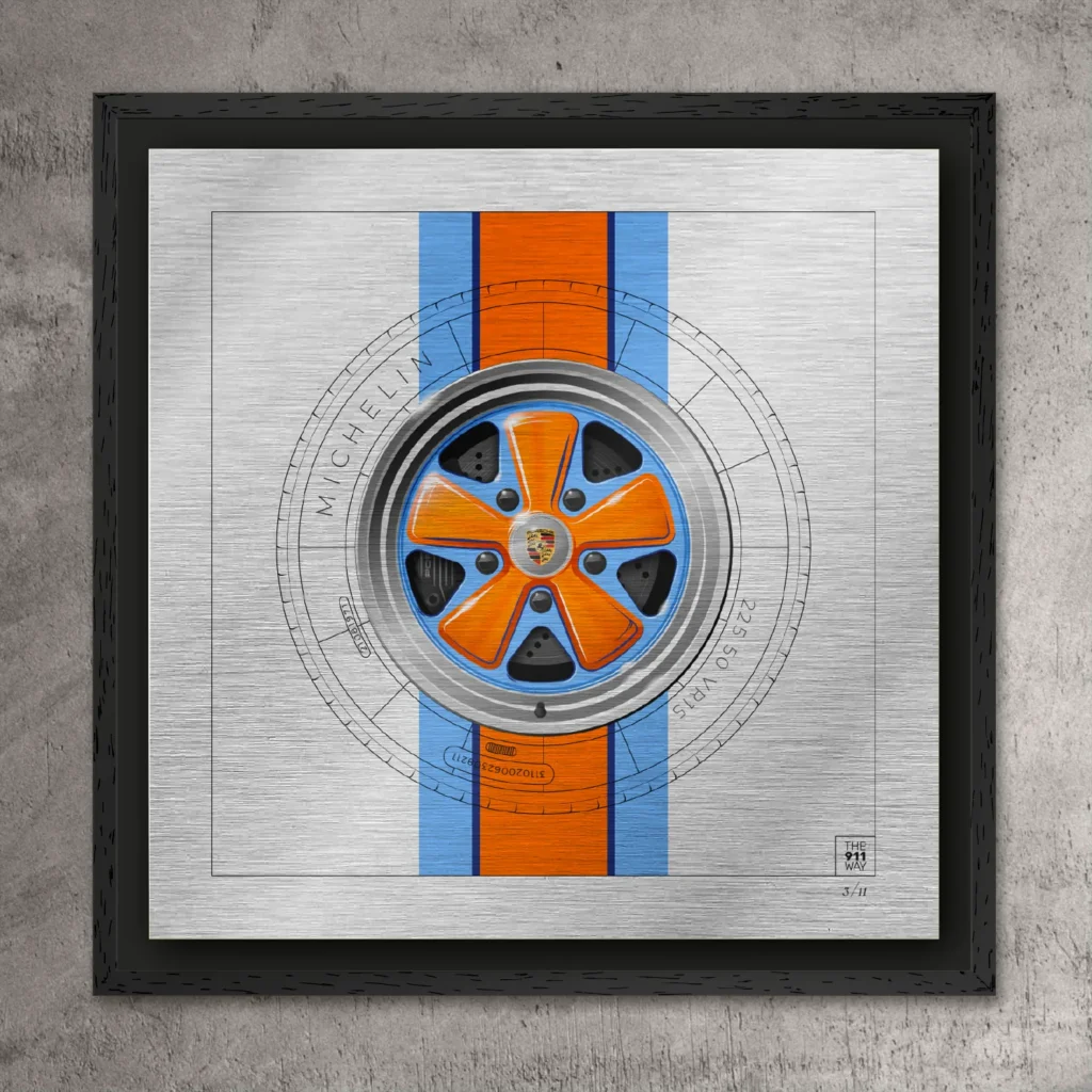 Porsche 911 art print – Racing Fuchs Gulf – limited edition collectible on aluminium