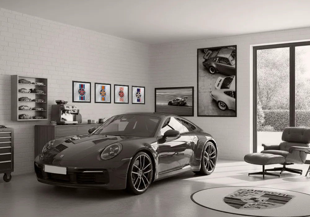 Modern Porsche 911 placed in a minimalist garage space designed as an extension of the home rather than a traditional parking area.