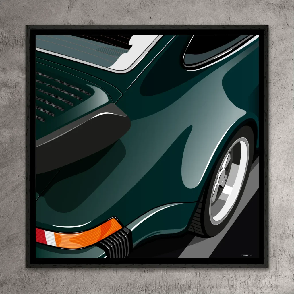 Porsche 911 art print – Green curves – collectible piece with dramatic lighting
