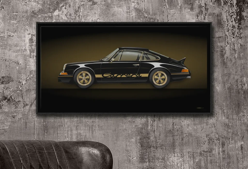 Porsche 911 art print – Black & Gold – limited-edition collectible work displayed in a vintage interior setting.