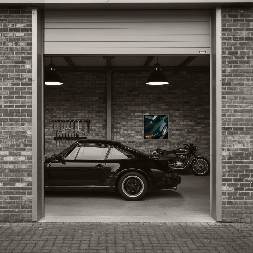 Classic Porsche 911 resting inside a brick-walled garage, reflecting the garage as a personal and lived-in sanctuary.