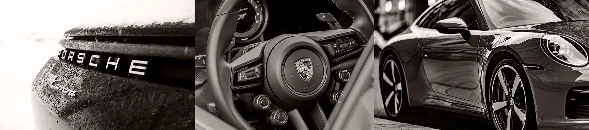 Exterior details of a Porsche 911 highlighting its dynamism, and interior details emphasizing its engaging driving position.