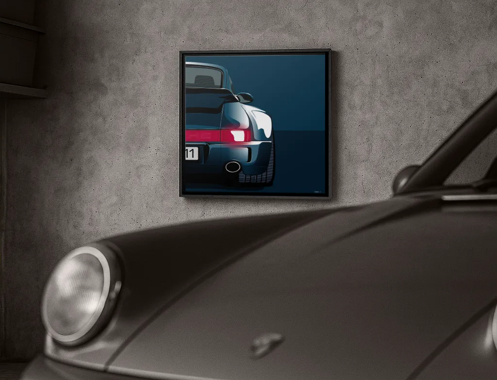 Porsche 911 art print – Outlaw Night – ultra-limited collectible work with dramatic lighting and a 911 silhouette in the foreground.