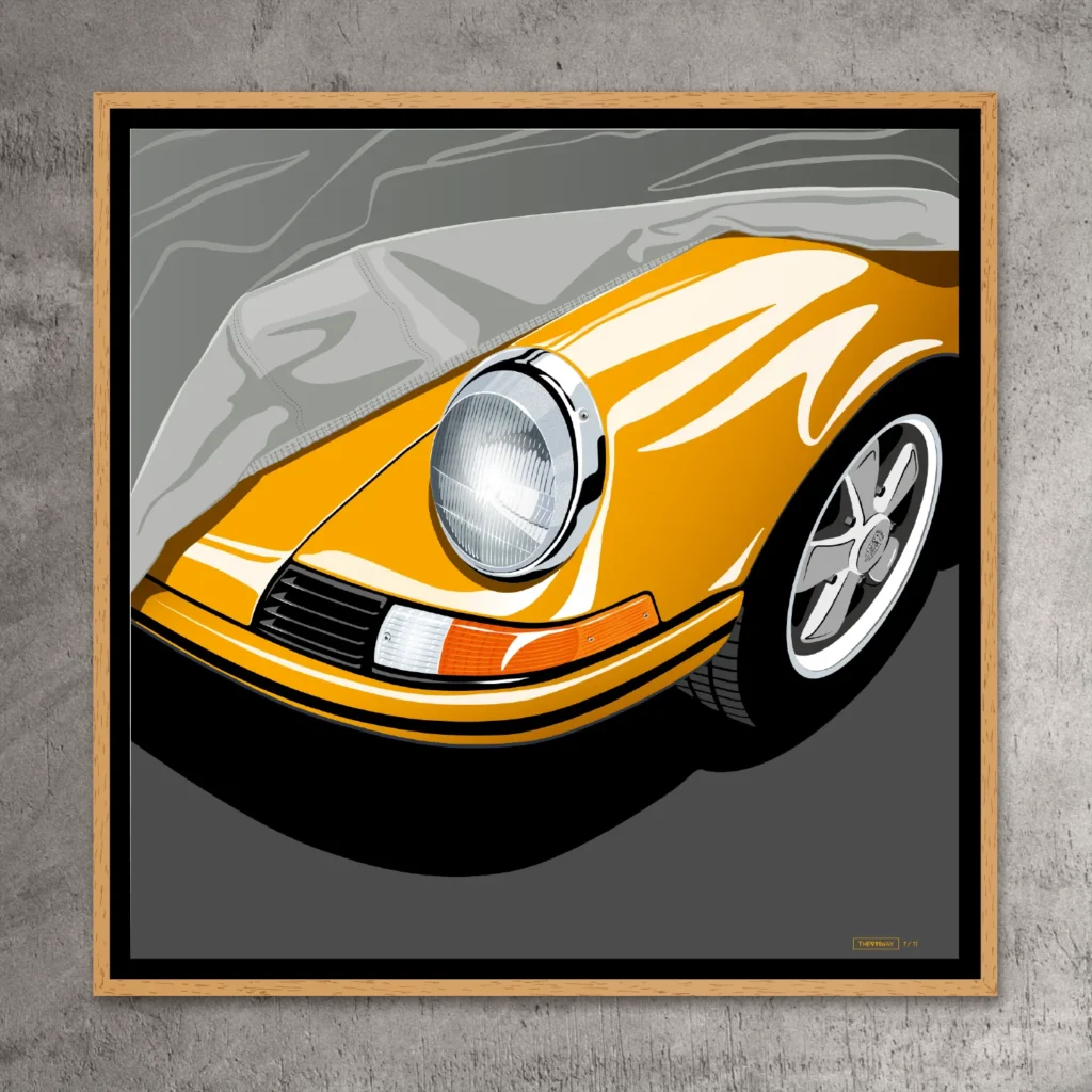 Porsche 911 art print – Wake up – collectible piece when the cover lifts the 911 in the garage