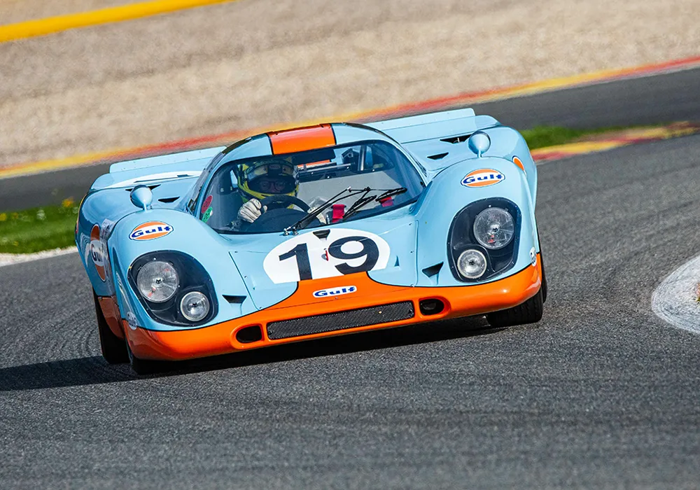 Gulf Porsche 917 in blue and orange racing livery